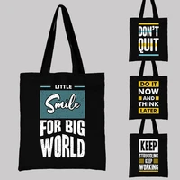 fashion woman shopping bag canvas tote casual reusable words phrase pattern black printed shoulder bag eco friendly tote bag
