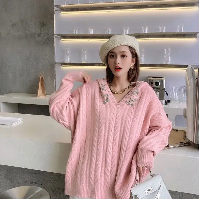 

Autumn and Winter New Loose Hooded Sweater Women's Bottom Knitted Large Bottomed Sweater