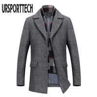 ursporttech high quality winter woolen coat men fashion casual stylish detachable scarf warm plaid lining jacket for men size5xl