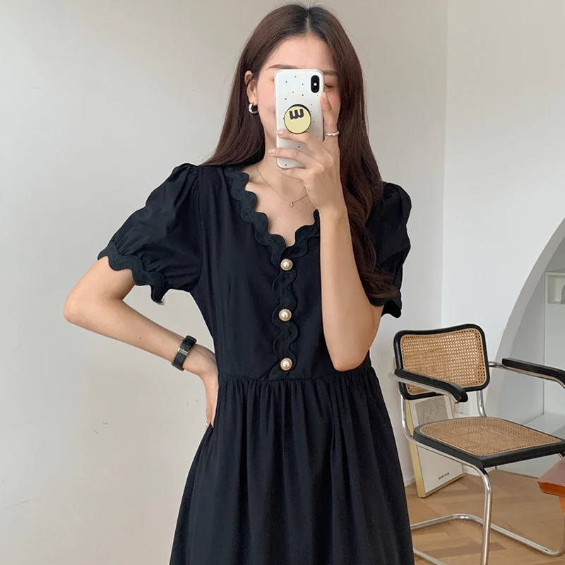 

Women Dress 2021 Summer Korea Temperament Ladies Retro V-Neck Wavy Fungus Edge Pearl Buckle Puff Sleeves Waist Vestidos