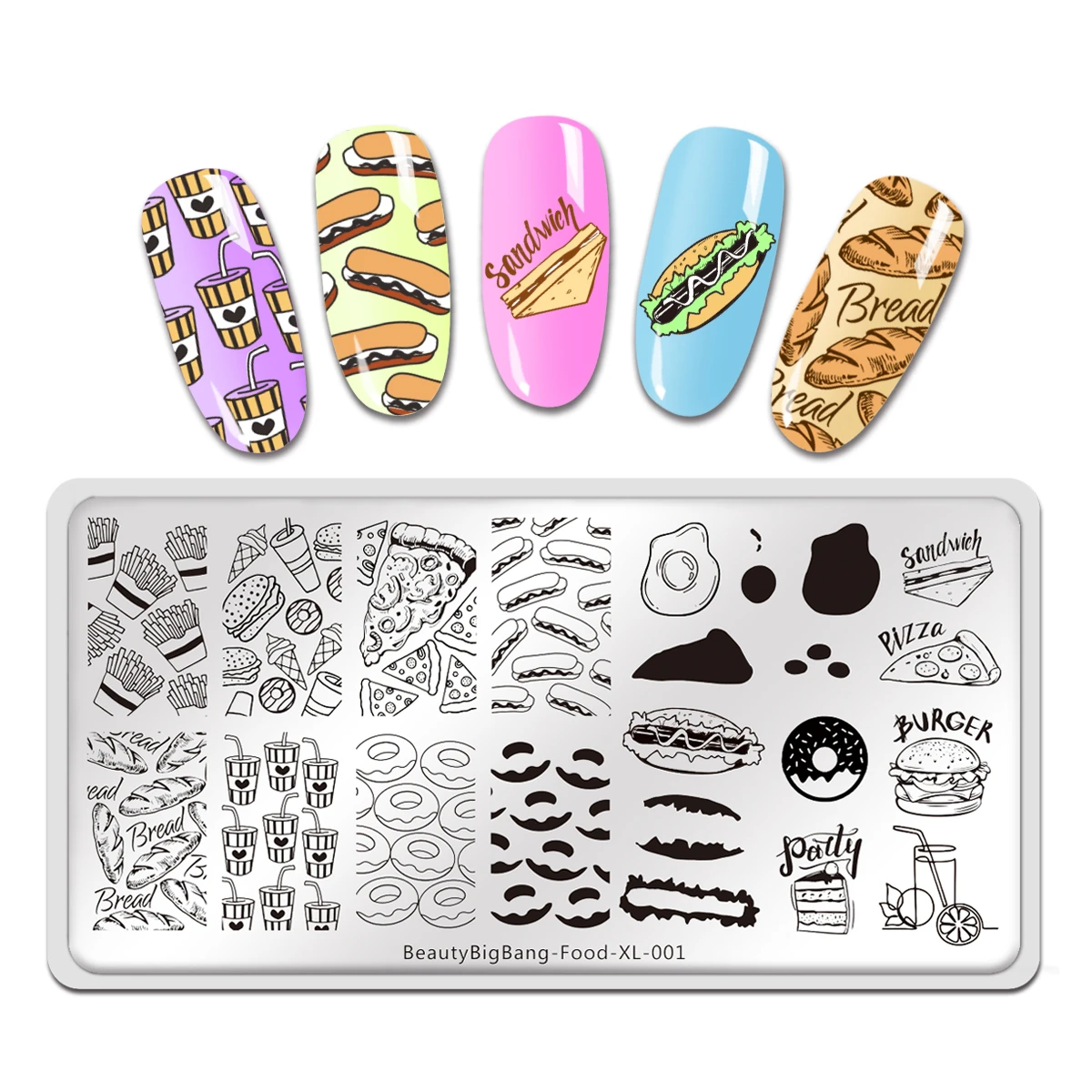 Beauty Big Bang Stamping Plates Food XL-001 Hamburg Doughnut Hot Dog Bread Juice Image Stainless Steel Nail Art Stencil Template