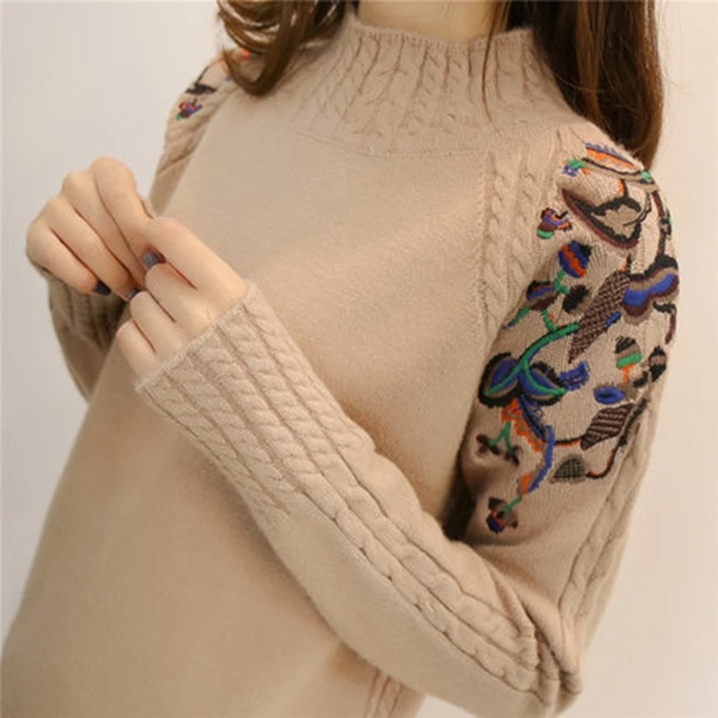 2021 female half turtleneck sweater sleeve head embroidery twist loose all-match long sleeved bottoming sweaters | Женская одежда