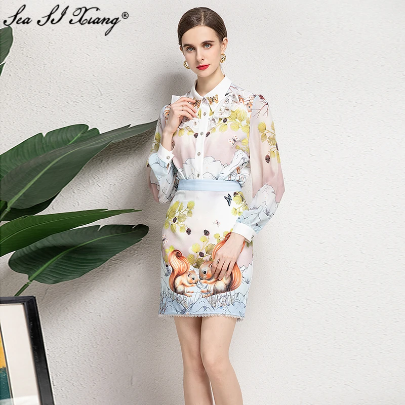 

Женский Дизайнерский Костюм Seasixiang, летняя рубашка с отложным воротником и рукавом-фонариком и юбка с мультяшным принтом, комплект из двух п...