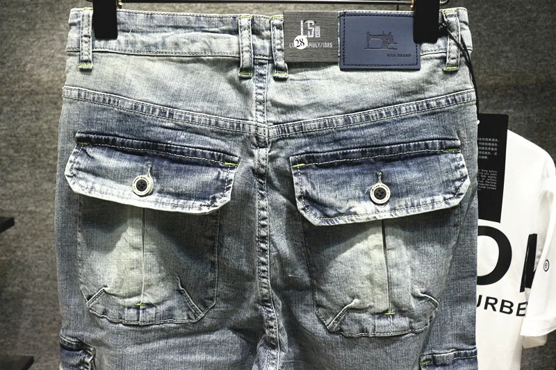 

Fashion 2021 street Multi-pocket tooling retro wash jeans men's light color hip hop brand loose harem pants feet jeans men