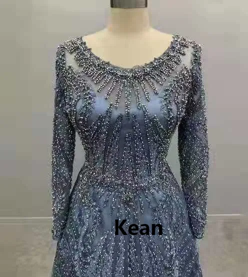 

Real Photo Evening Dress Gray Heavy Beads Full Sleeve Special Occasion robe soiree Islamic Dubai Kaftan Saudi Arabic Evening
