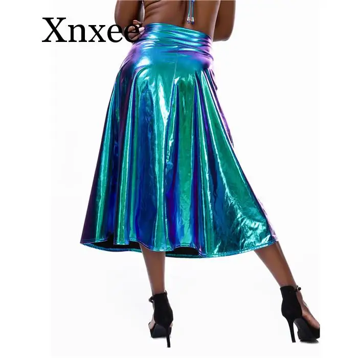 

Sparkle Pu Holographic Skirts Gradient Color A-line Pocket Summer Sexy Women Slim Long Skirt Music Festival Streetwear Chic