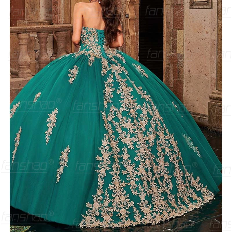 Женское платье без бретелек Fanshao wd443 зеленое Золотое бальное с аппликацией и