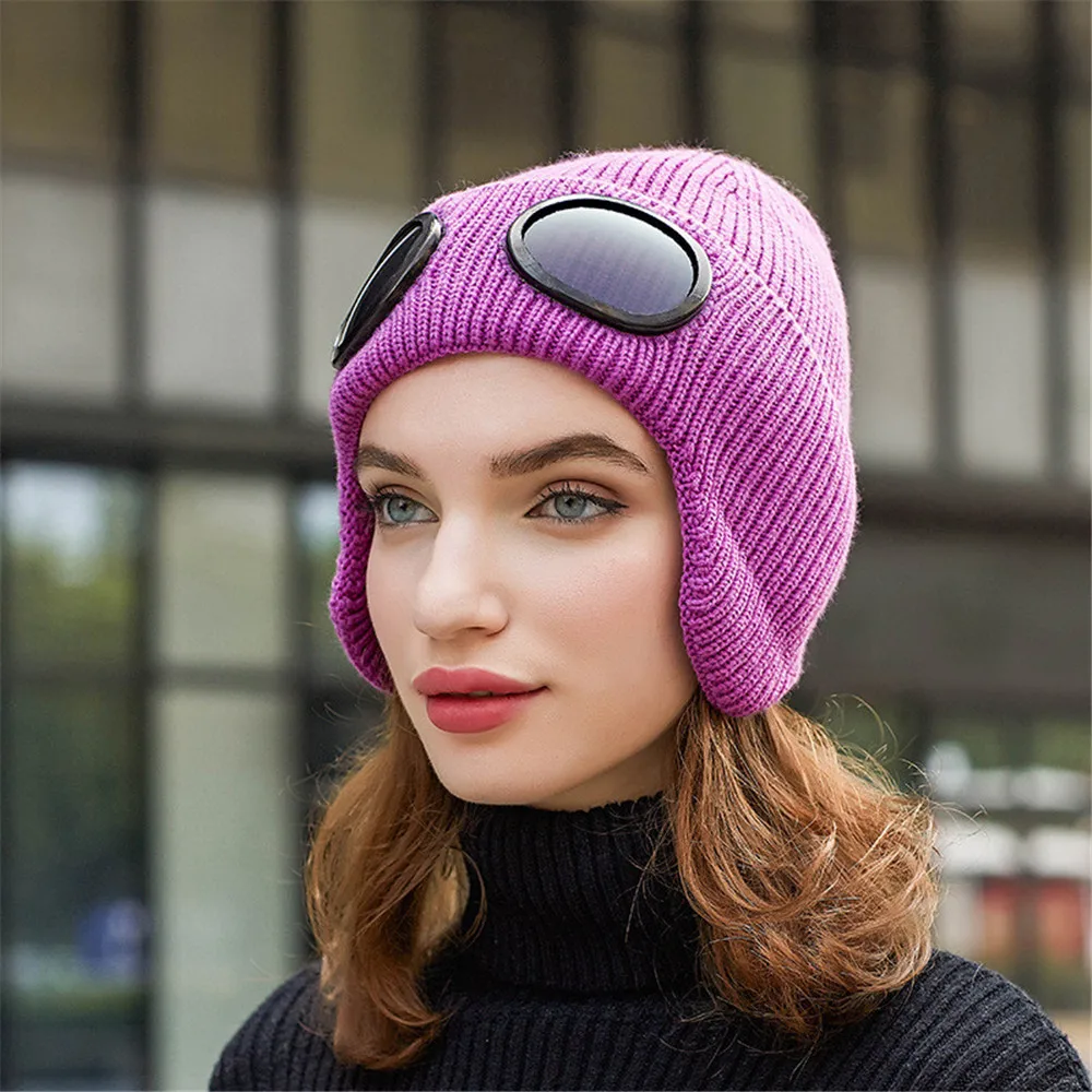

150g 2020 New Fashion Unisex Russian Winter Hat Warm Knitt Hat Women Pilot Black Ear Flap Hat With Glasses Fashion Ear Muff Hat