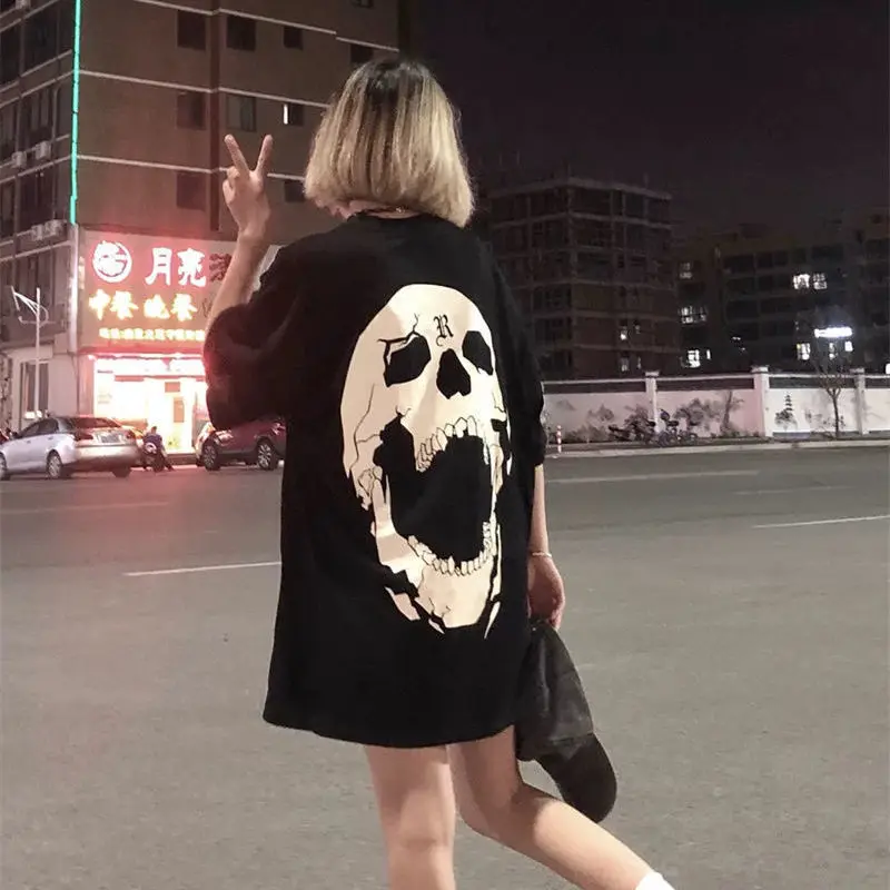 100% Cotton Cool Devil Summer Women Kpop T Shirt  Black Funny Ladies Gothic Tops Tee Loose Harajuku Punk High Street T Shirts