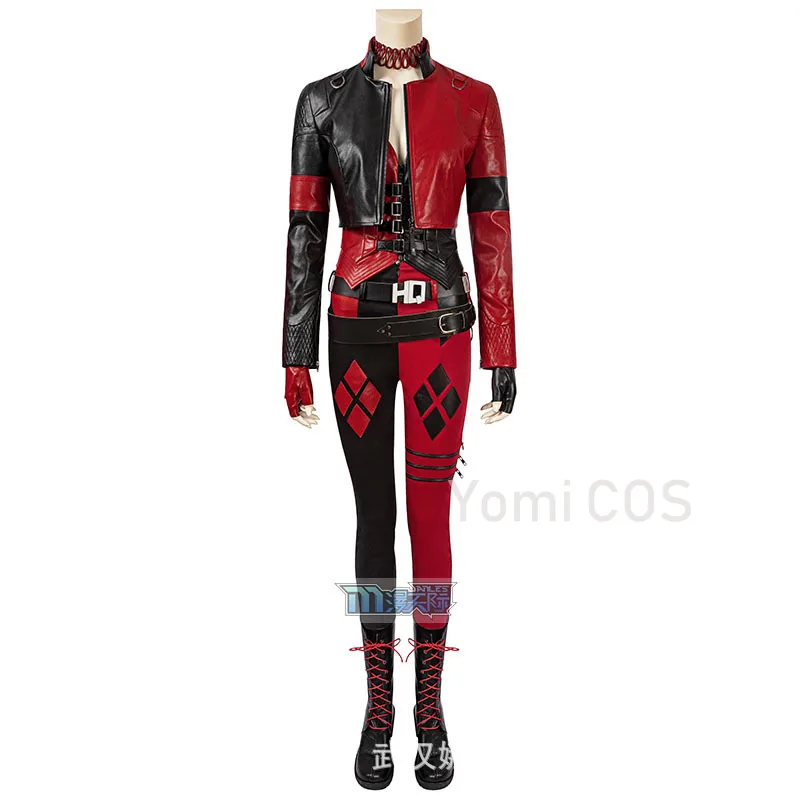 

Harley Superhero Quinn Costume Harleen Quinzel Cosplay Joker PU Leather Coat Jacket Pants Belt Gloves Cosplay Costumes Adult