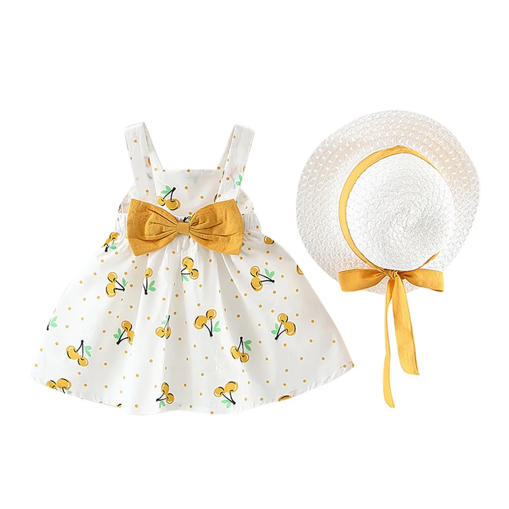 Newborn Baby Kids Girls Clothes Sleeveless Cherry Dot Print Dresses With Bow Hat Outfits Summer Party Clothing for Dress | Детская