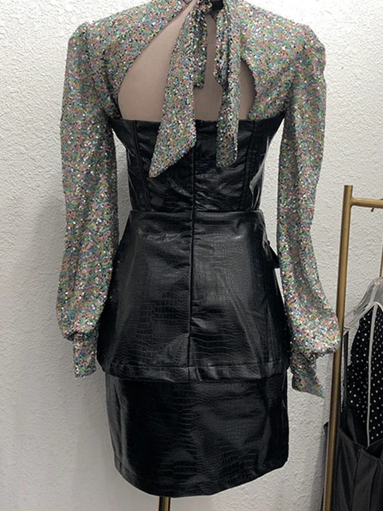 

Free Shipping Sexy Leaky Shoulder Crystal Embellishment Tight-fitting Hip Pack PU Leather Tube Top Dress Ladies Autumn New