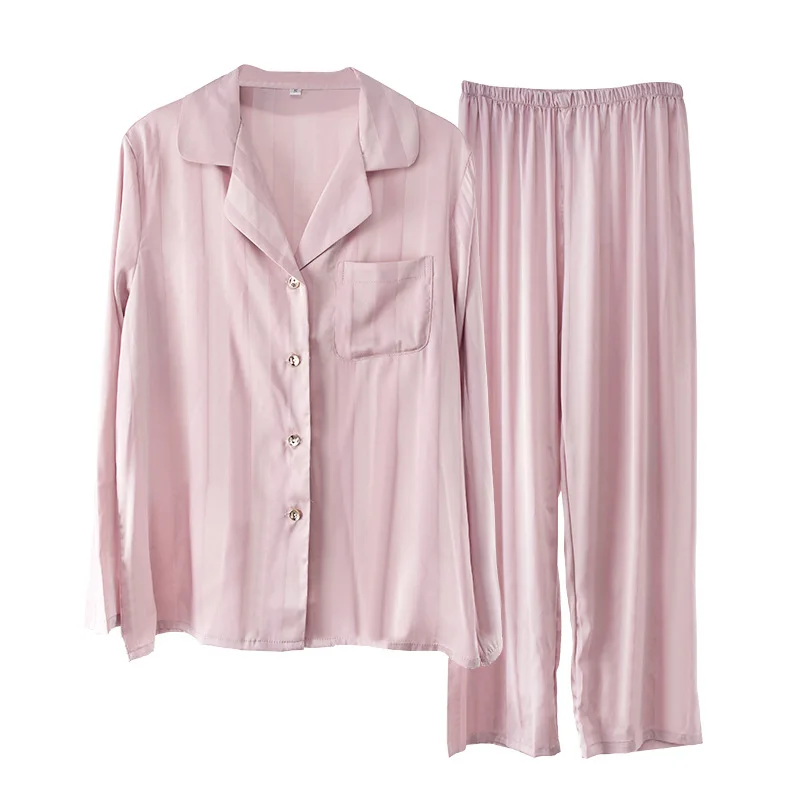 

Satin Pajamas Suit Stripe Women Sleepwear Loose Rayon Long Sleeve Pijamas Set Summer Casual Lapel Nightwear Sexy Home Wear