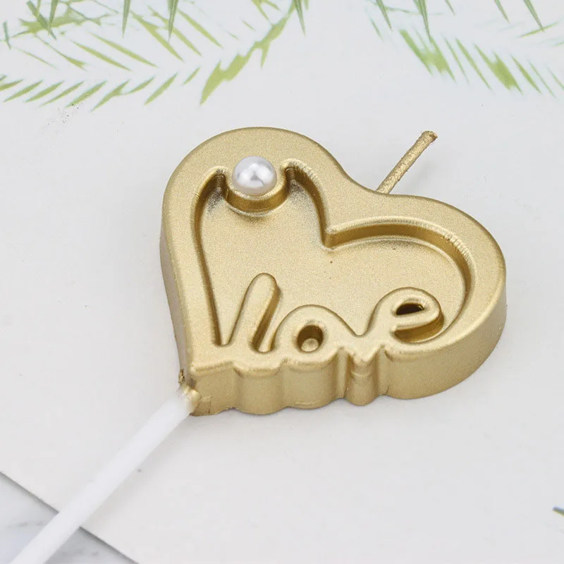 

Creative Pearl Candle Romantic Gold Love Shaped Cake Toppers Candle Ornament For Birthday Wedding Anniversary Valentines Day