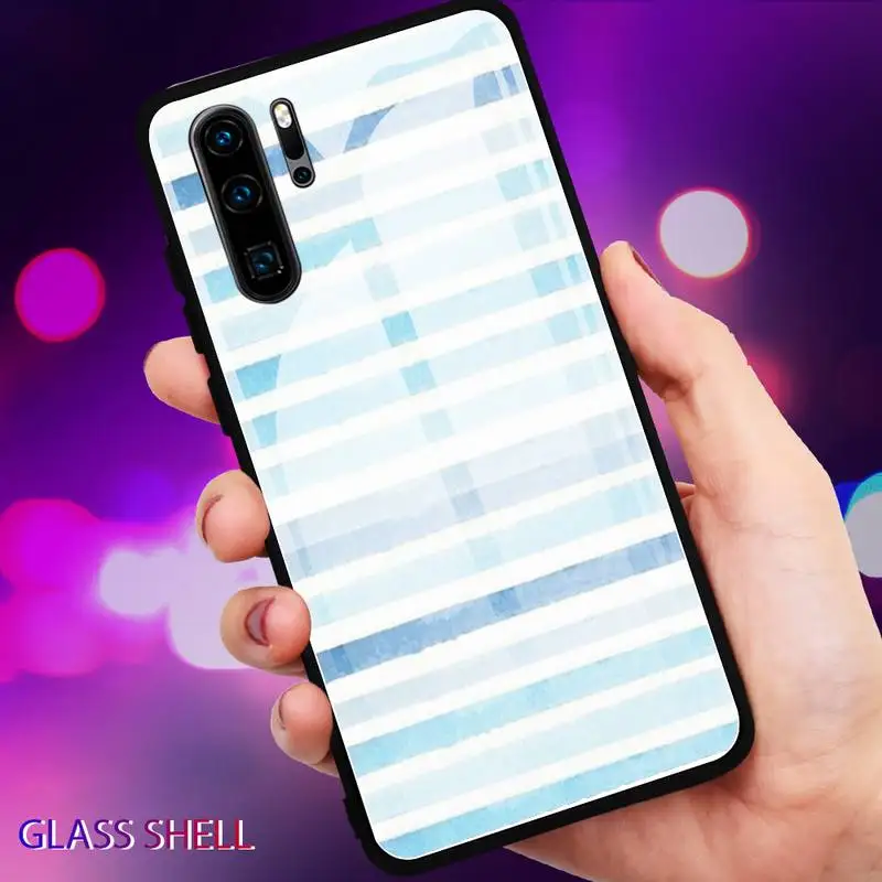 

Blue and White Stripes Phone Case For Huawei P9 10Plus 20PRO P30 Lite Back Cover Tempered Glass Cases For NOVA 3E Series