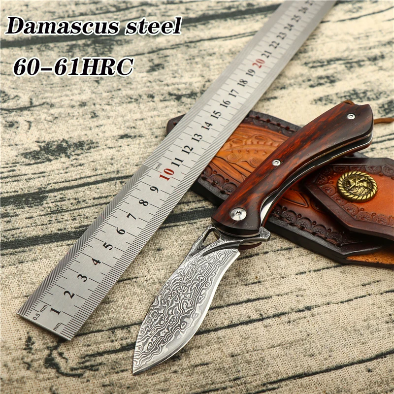 

Damascus Steel Folding Knife VG10 Steel Camping Portable Wooden Handle Hunting Knife Outdoor Sharp EDC Tactical Defense Tool