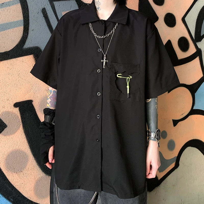 

Black Shirt Women's Design Sense Niche Ripped Pocket Shirt 2021 Summer New Loose BF Style Short Sleeve Top