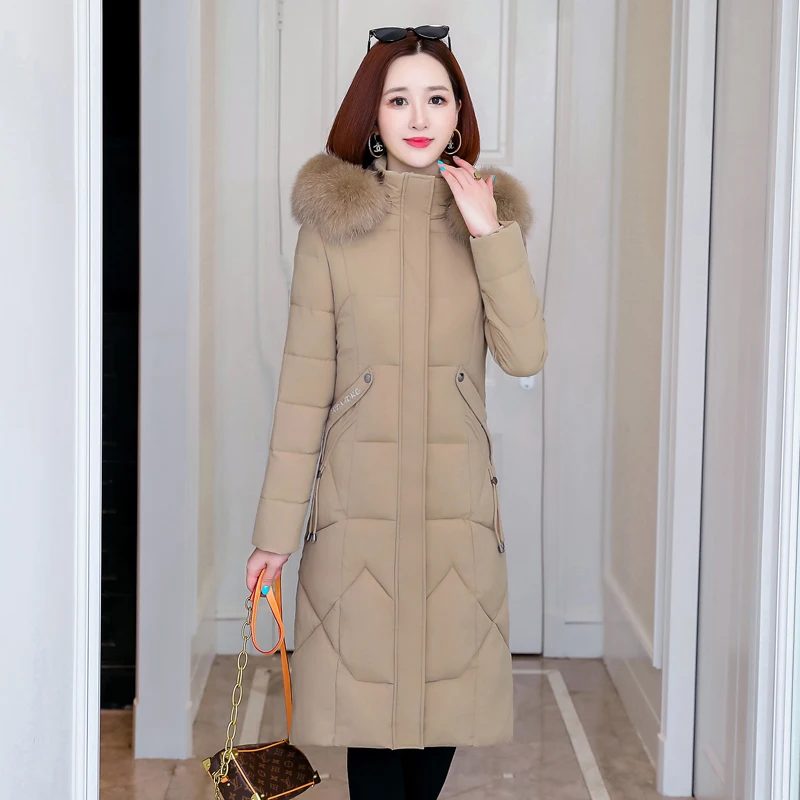 

Повседневное пальто с меховым воротником и капюшоном с хлопковой подкладкой для женщин, теплая однотонная пуховая куртка на молнии, утепле...