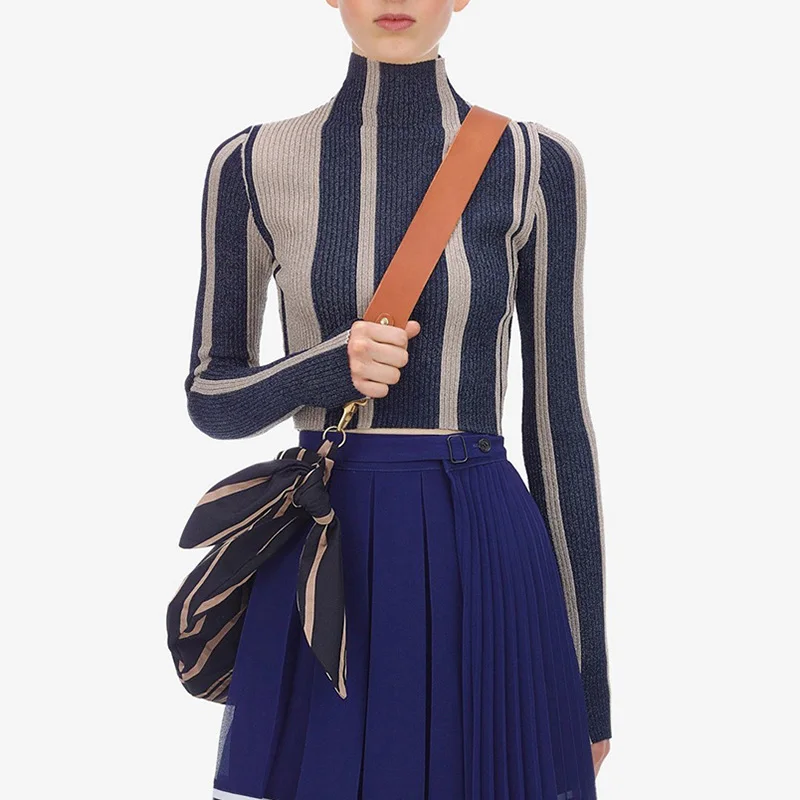 Женский укороченный свитер облегающий трикотажный пуловер в полоску с высоким