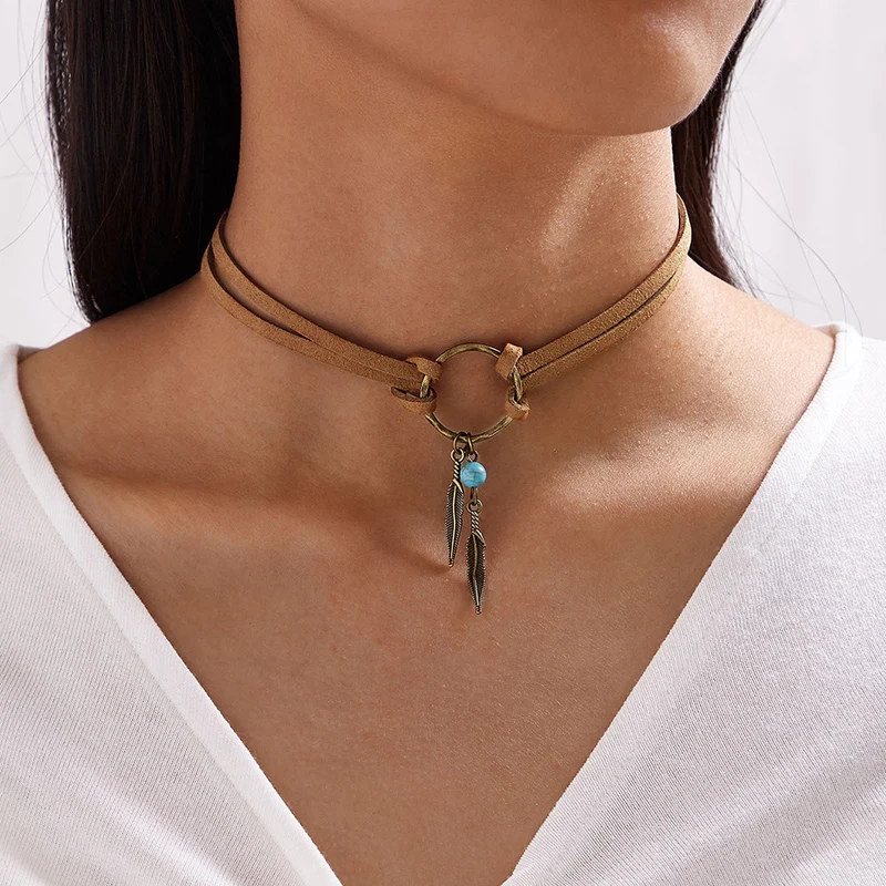 

HuaTang Vintage Alloy Feather Leather Choker Necklace for Women Antique Gold Circle Collar Female Boho Jewelry collares mujer