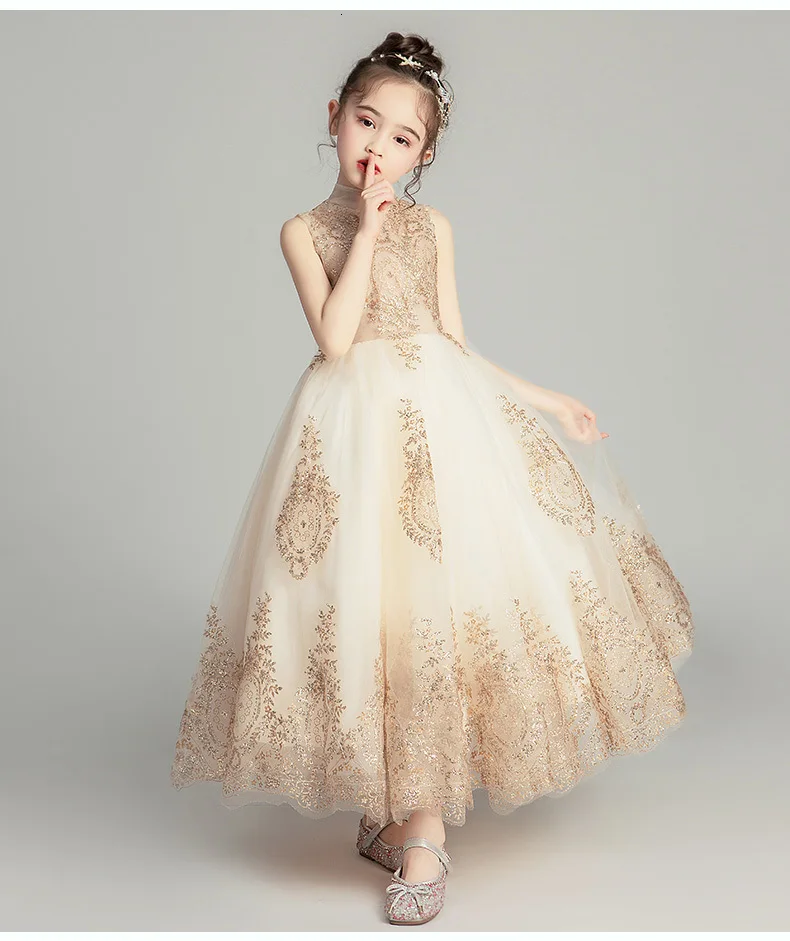 Golden Sequin Lace Girl Wedding Dress Long Flower Girl Dress Princess Party First Communion Gown Baby Girl Baptism Pageant Gown