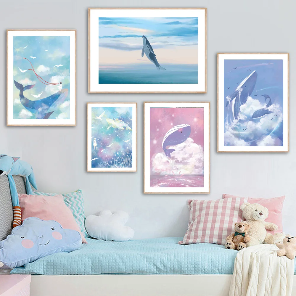 Мультяшный цветной Дельфин Морская волна облако настенная Картина на холсте