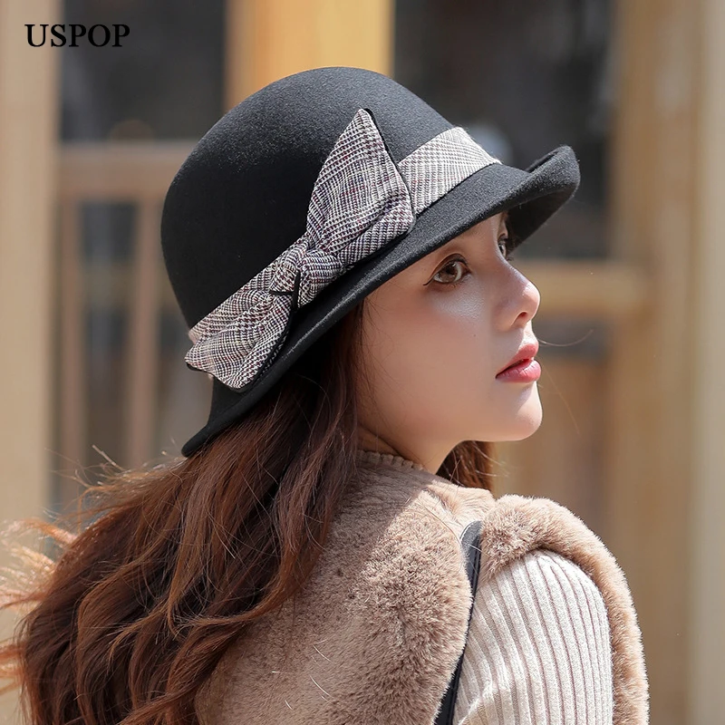 USPOP женские шерстяные шляпы осень зима толстые шапки клетчатые с бантом обжимные