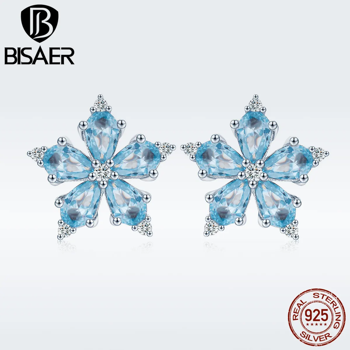 BISAER,, 925 пробы, серебро, Сияющие снежинки, светильник, голубой CZ, серьги-гвоздики, ювелирные изделия, подарки для женщин GXE525