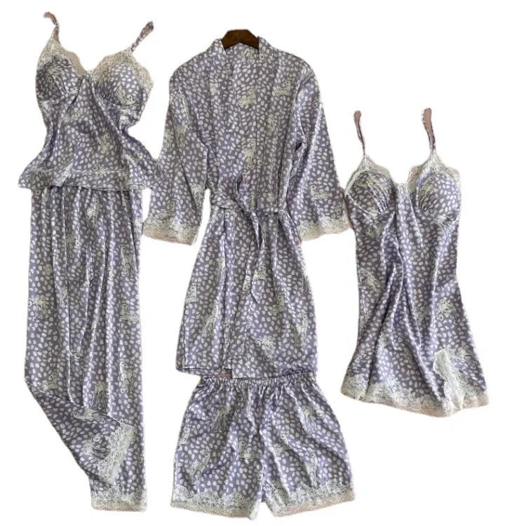 

Ice Silk 5PCS Pajamas Set Women Spring Summer Sleepwear Sexy Lace Trim V-Neck Bathrobe Nightwear Print Casual Loose Home Clothes