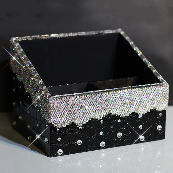 

Stationery storage box Remote Control Holder Leather with crystal Makeup Cosmetic Organizer Desk Office Organizer Office decor