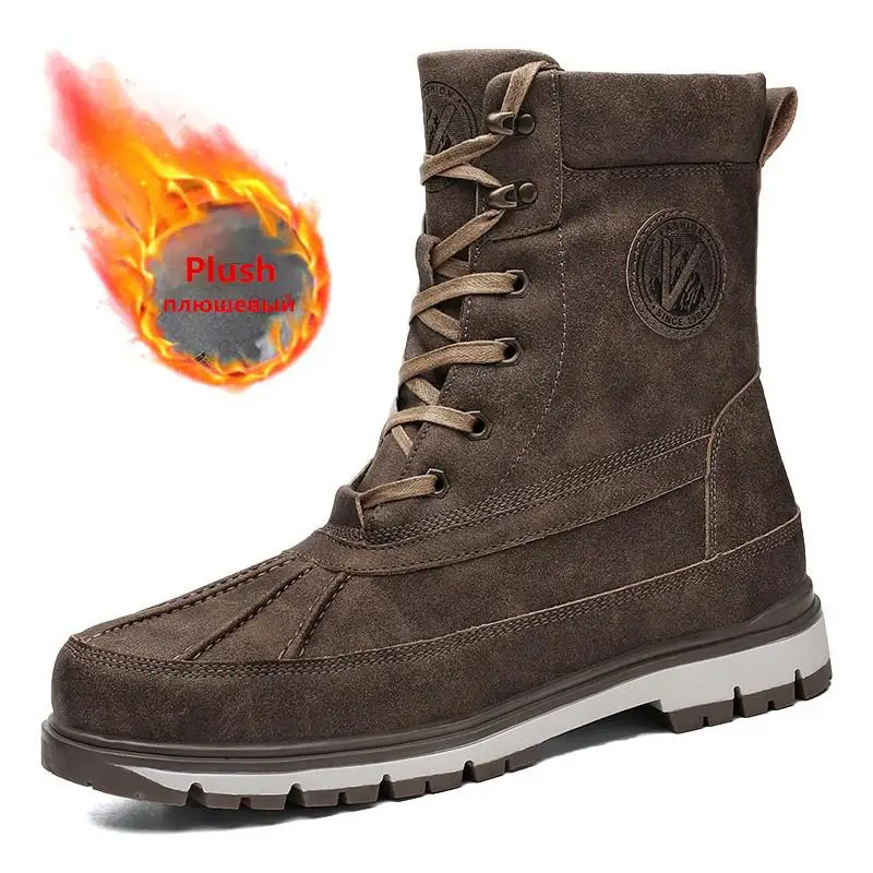 

Теплые плюшевые ботинки для снега, мужские повседневные высокие ботинки на шнуровке, мужские водонепроницаемые зимние ботинки, Нескользящ...