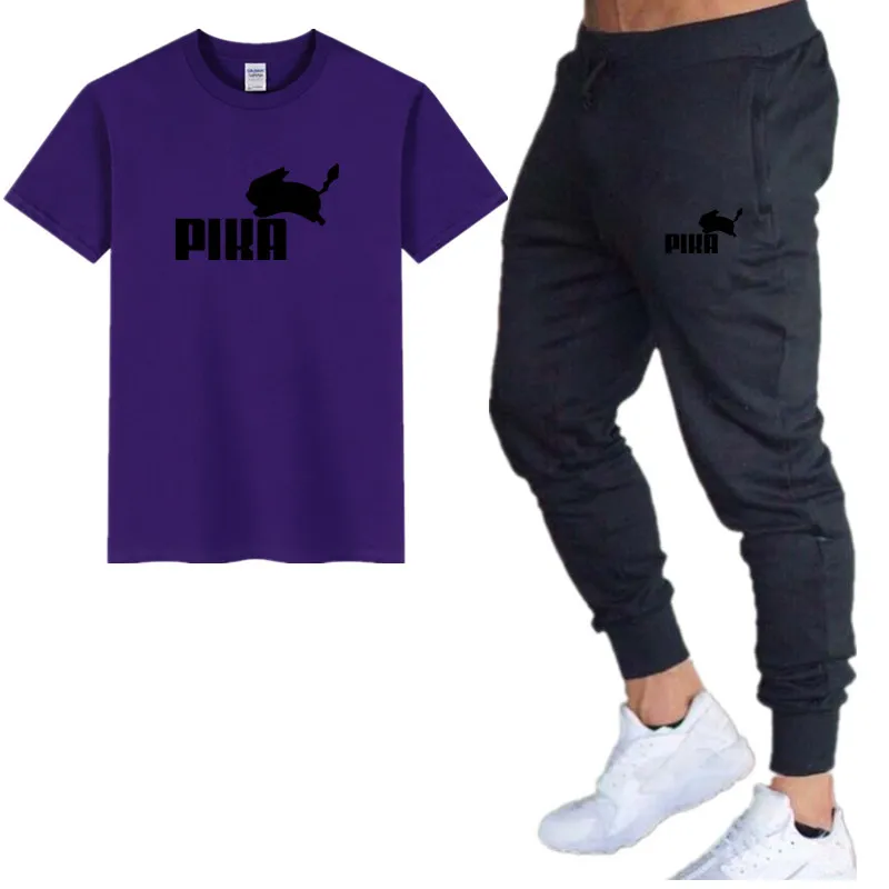 28purple black Летние популярные мужские комплекты новые футболки с принтом пика+ штаны комплекты из двух предметов Повседневный Спортивный костюм Мужская Повседневная футболка тренажерные залы Фитнес Брюки - Цвет: 28purple black