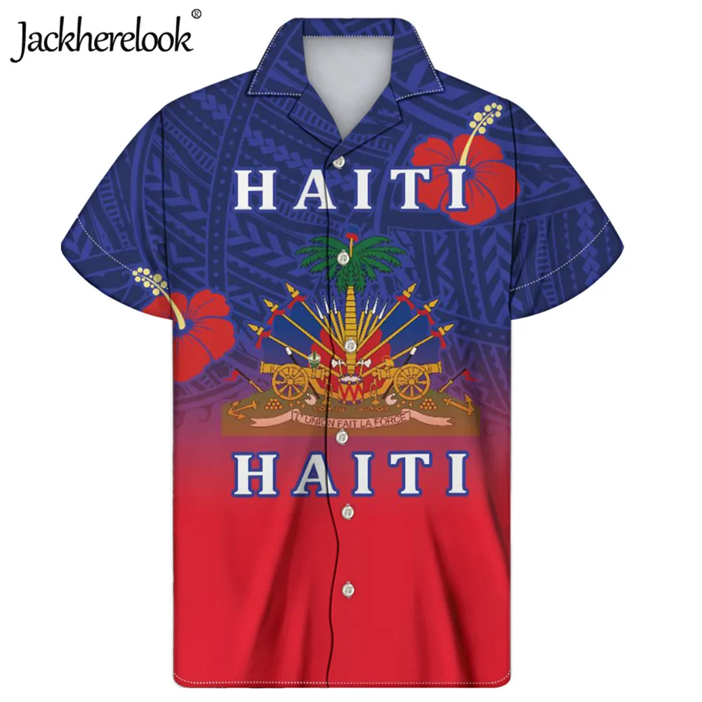 

Jackherelook Blue Red Gradient Polynesian Tattoo Floral Haiti Flag Brand Design Men Hibiscus Shirts Short Sleeve Tops Clothing