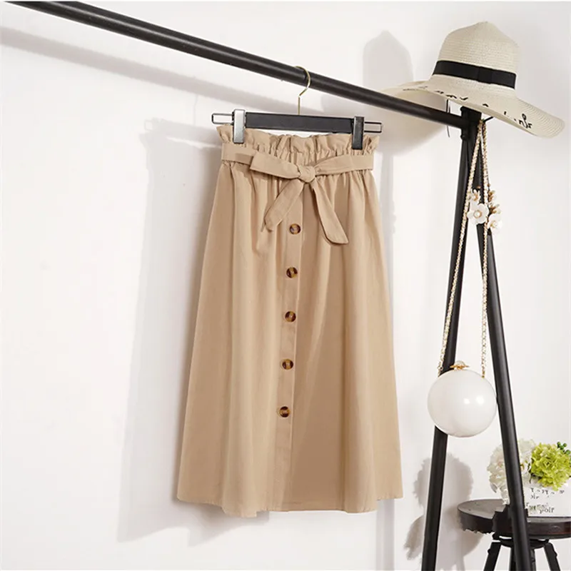 

2022 Spring Elegant Midi A-Line Cotton Skirt Women Solid Vintage Casual A-Lline High Waist Skirt Female Ladies S464
