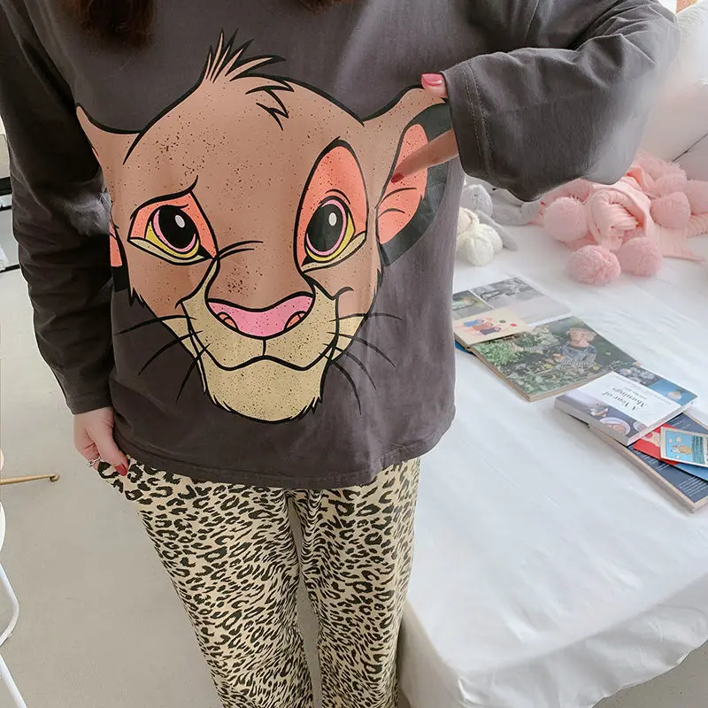 

Pajamas female spring and autumn cartoon lion leopard pattern long sleeve trousers spring and autumn student sweet home clothes