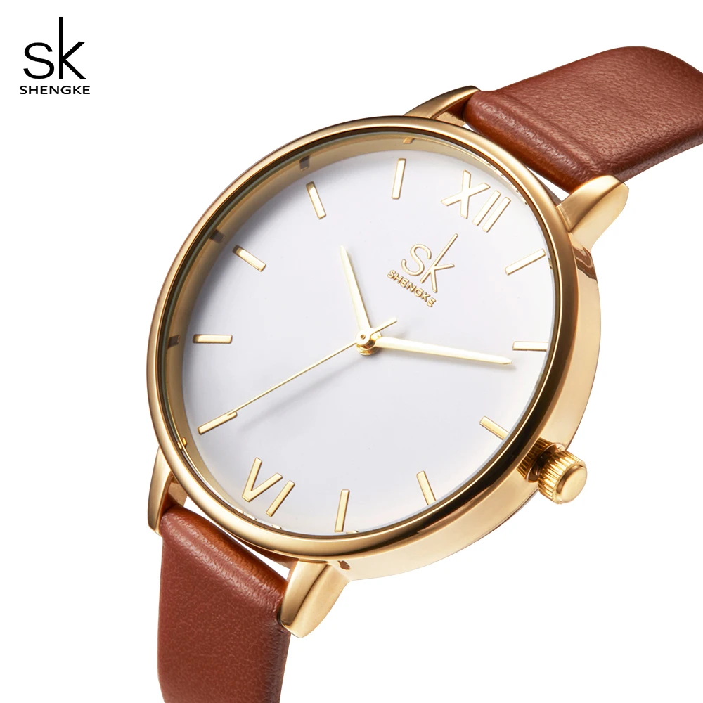

Shengke Women Watches Simple Roman Alphabet Hardlex Dial Leather Strap Ladies Water and Shock Resistant SK009