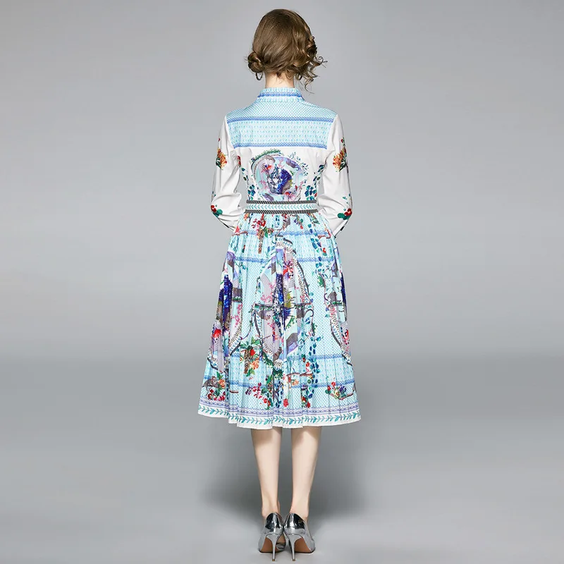 

Luxury Woman Spring Pleated Dress Long Sleeve Ladies Elegant Tassel Dress Female Slim Printed Dress Turn-down Collar Lady Dress