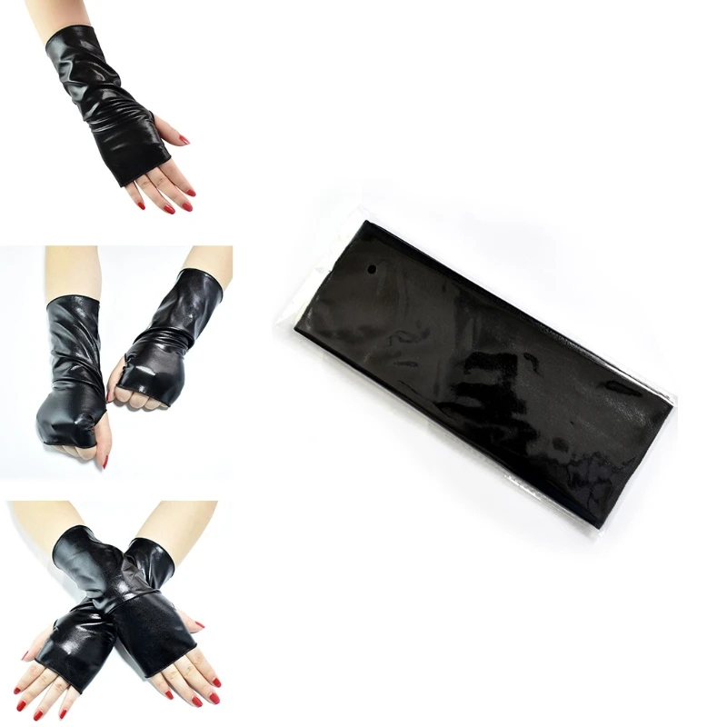 

Womens Faux Patent Leather Black Full Finger Long Gloves Floral Lace Patchwork Wedding Opera Party Elbow Length Mittens