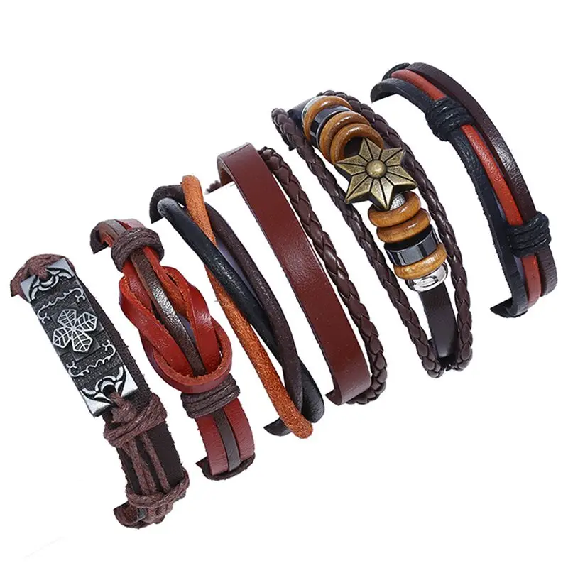 

Fashion Charms Multiple Layers Leather Bracelet Set Men Vintage Classic Rope Chain Wrap Cuff Bracelet Set Male Jewelry Accessory