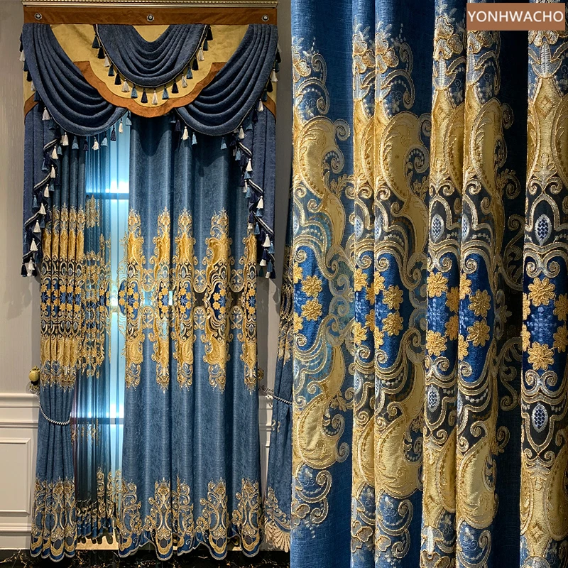 

Custom curtain European hollow chenille high-grade water-soluble embroidery blue cloth blackout curtain valance tulle drape C818