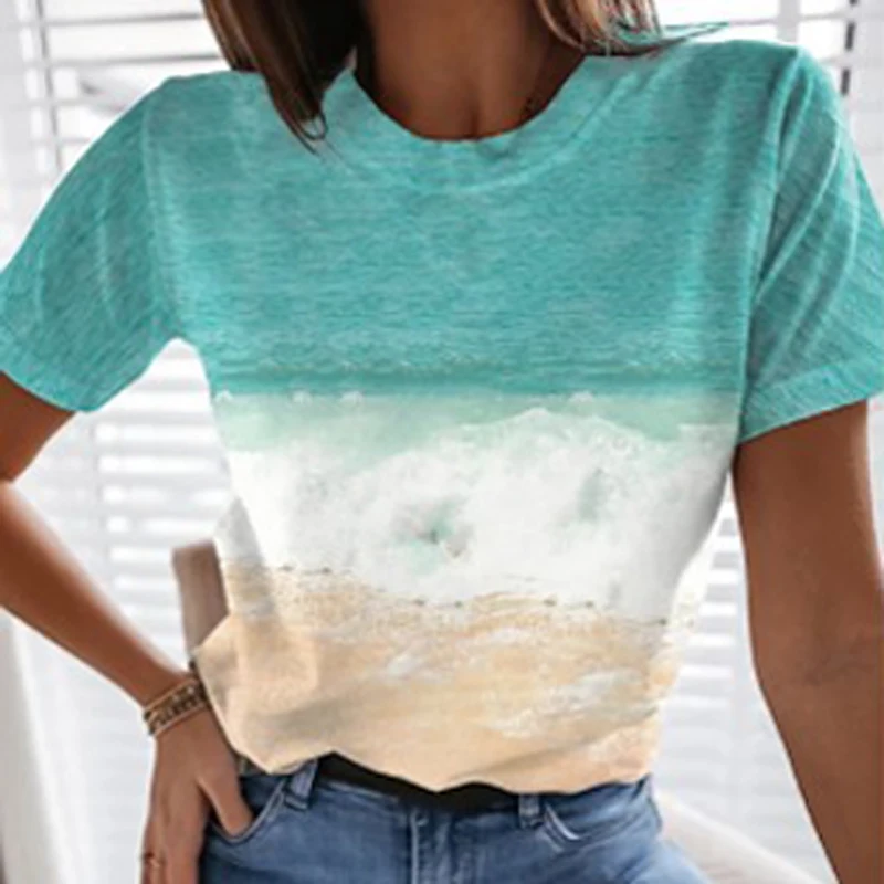 Elegant Ocean Scenery Printed Blouses Shirts Sexy Round Neck Short Sleeve Beach Top 2021 Spring Summer Slim Streetwear Blusa 3XL