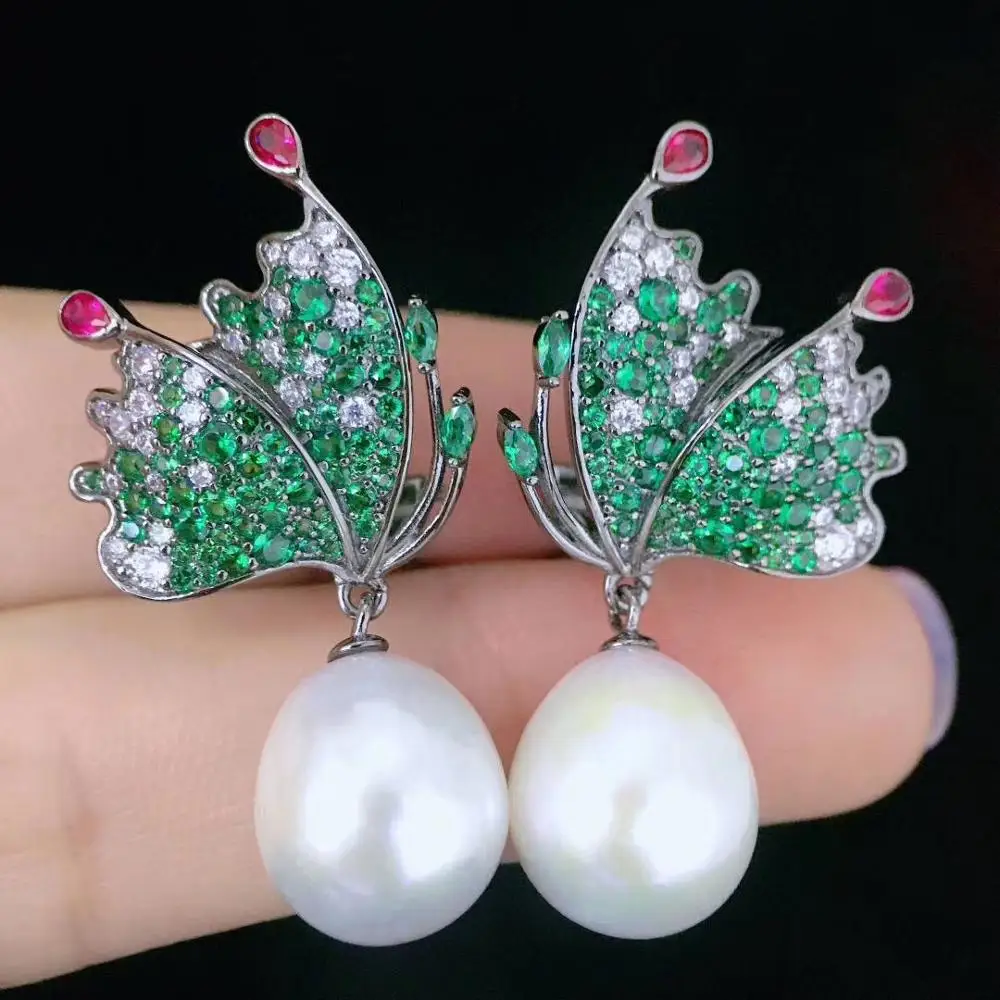 

natural fresh water pearl drop earring baroque insect 925 sterling silver with cubic zircon butterfly blue green red color