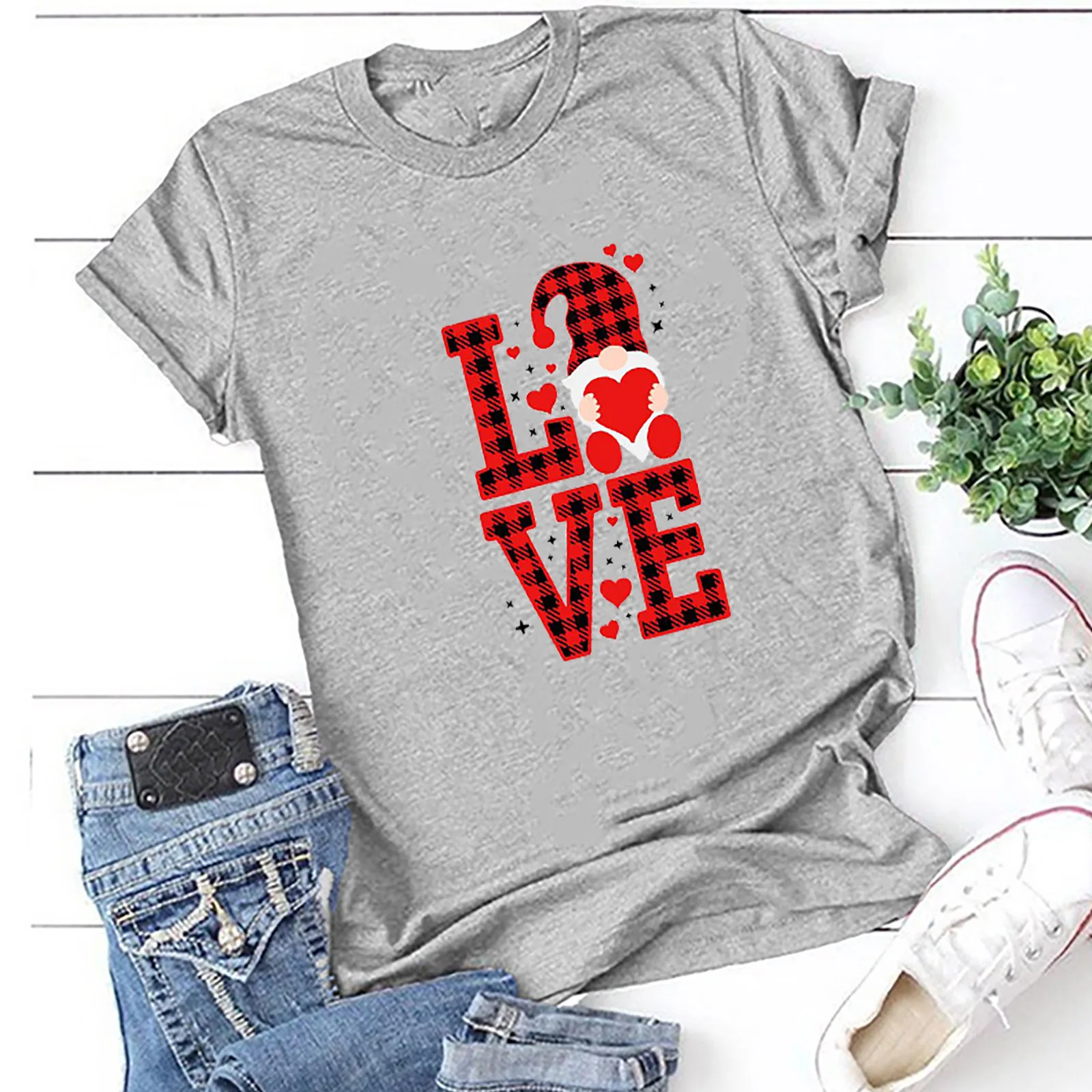 

Plaid Love Letter Print Women T Shirt Short Sleeve O Neck Loose Women Tshirt Ladies Tee Shirt Tops Clothes Camisetas Mujer