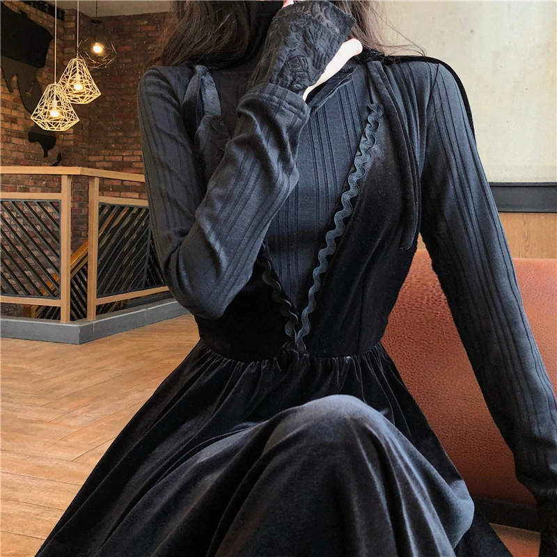 Осенне-зимнее черное платье в стиле Хепберн Женский комплект из двух частей Yujie