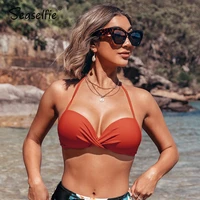 seaselfie solid orange twist halter push up bikini top women moulded cup separate top female single padded bra top 2021 swimwear