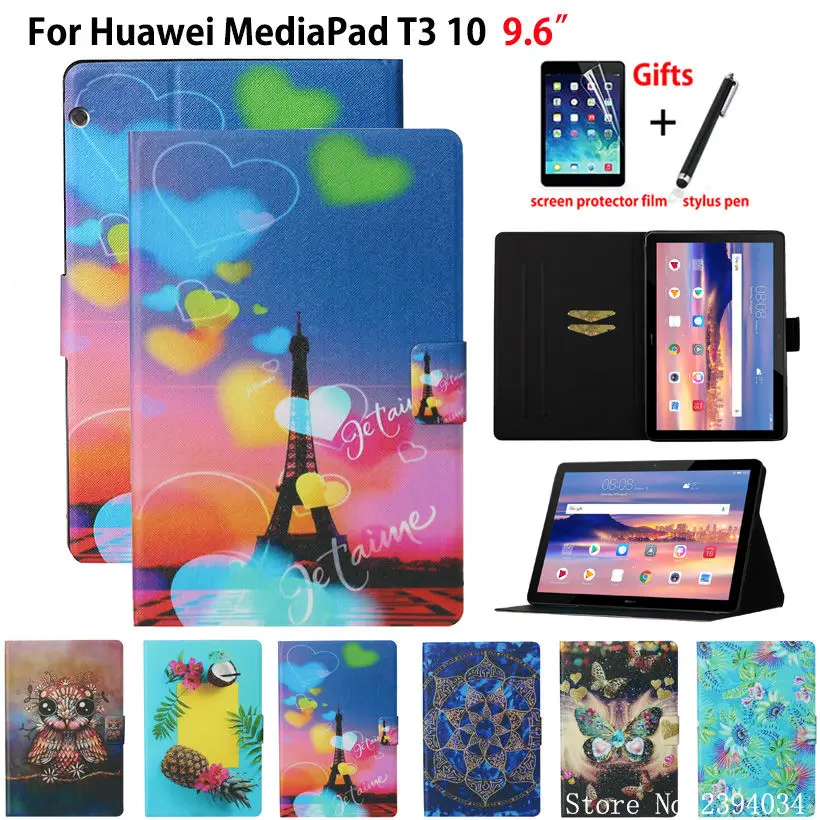 

For Huawei MediaPad T3 10 Case Cover AGS-W09 AGS-L09 AGS-L03 9.6" Funda Fashion Painted TPU PU Leather Stand Shell Capa +Gift