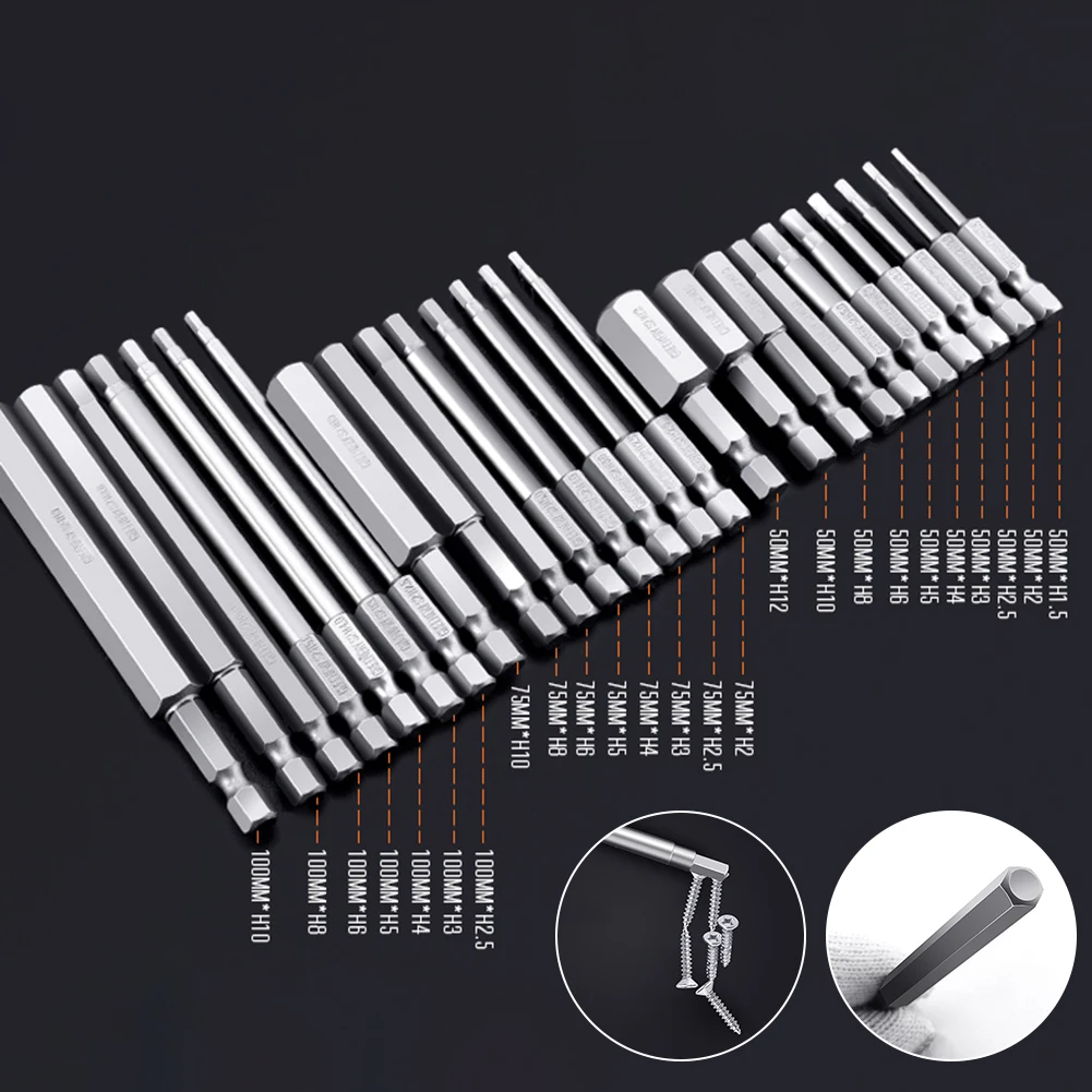 

1/4\" 50/75/100mm Hex Magnetic Head Screwdriver Drill Bit Set S2 Steel Hexagon Head Screwdriver Bits H1.5-H8