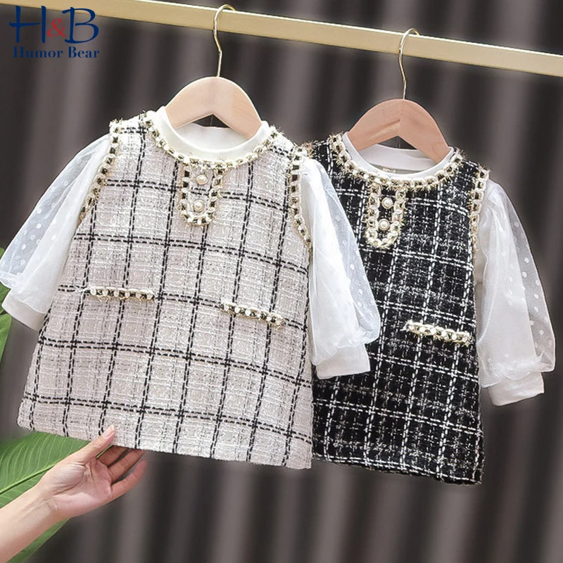 Humor Bear Baby Dress  New Spring Autumn Mesh Long Sleeve Shirt  +Sleeveless Plaid  Princess  Dress 2pcs Toddler Clothes