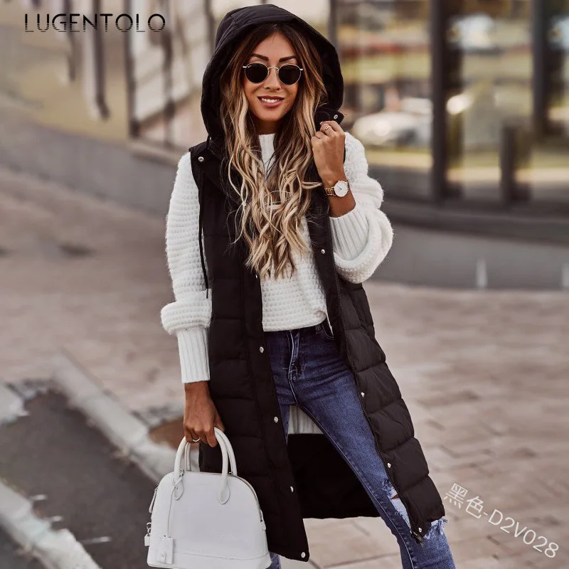 

Hooded Vest Women Single-breasted Slim Temperament Long Coat Female Large Size Solid Cardigan Autumn Winter Vests
