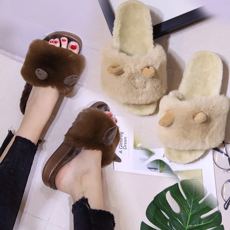 

Women Slippers Fashion Ladies Sandals Faux Fur Slippers Women Home Zapatos Mujer Fashion Women Flat Slippers Female Shoes New